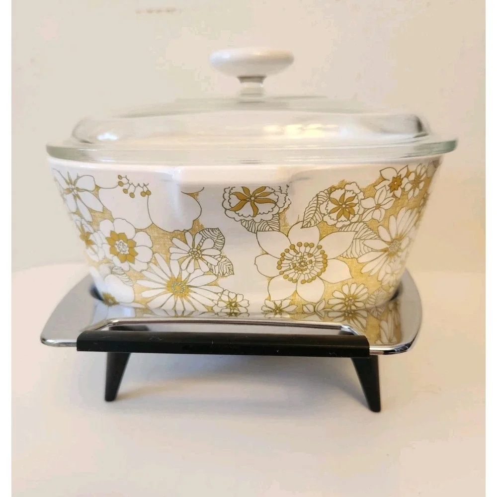 Vtg Corning Ware 1st Floral Bouquet Casserole With MCM Warmer P 2 1/2 B Qt RARE